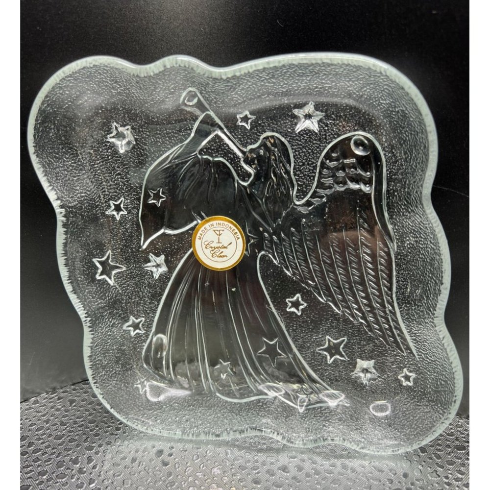 Indonesia Crystal Angel Bowl Dish Glass Trinket Jewelry Candy Holiday Gift